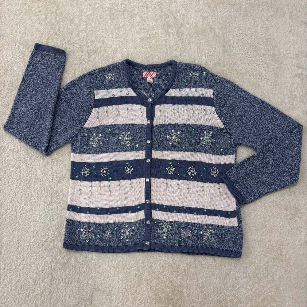 Womens XL 16 18 Snowflake Beaded Cardigan Blue Holiday Christmas Grandmacore